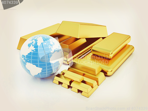 Image of Earth and gold bars. 3D illustration. Vintage style.