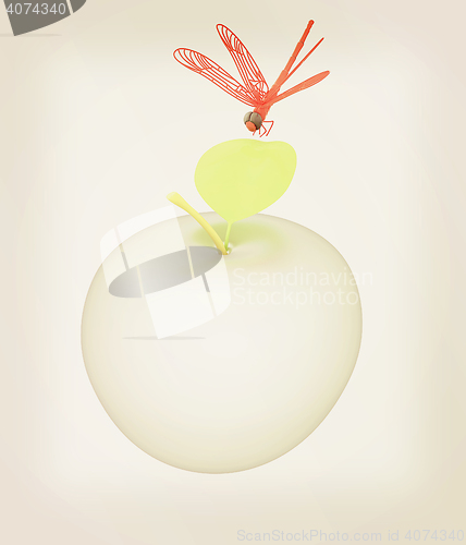 Image of Dragonfly on apple. 3D illustration. Vintage style.