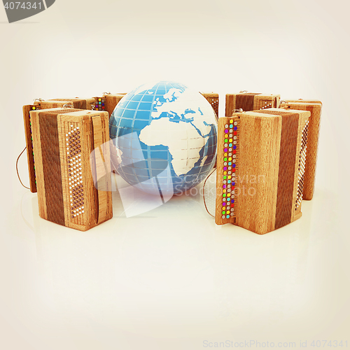 Image of Musical instruments - retro bayans and Earth. 3D illustration. V