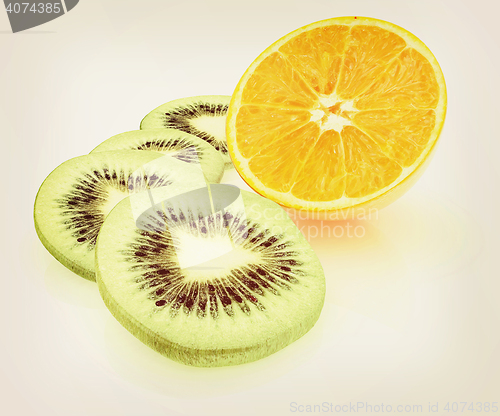 Image of slices of kiwi and half orange. 3D illustration. Vintage style.