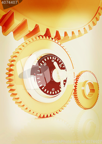 Image of gears with lock. 3D illustration. Vintage style.
