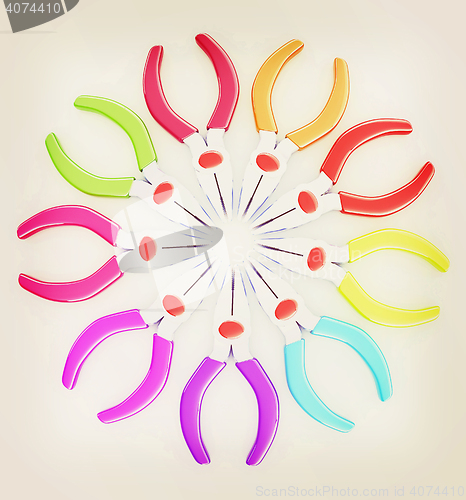 Image of colorful pliers to work. 3D illustration. Vintage style.