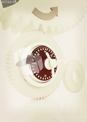 Image of gears with lock. 3D illustration. Vintage style.