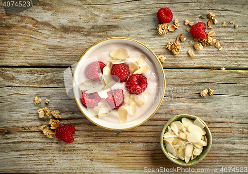 Image of bowl of yogurt with raspberries and almond