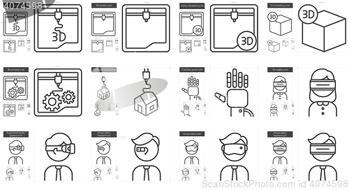 Image of Virtual reality and 3D technology line icon set.