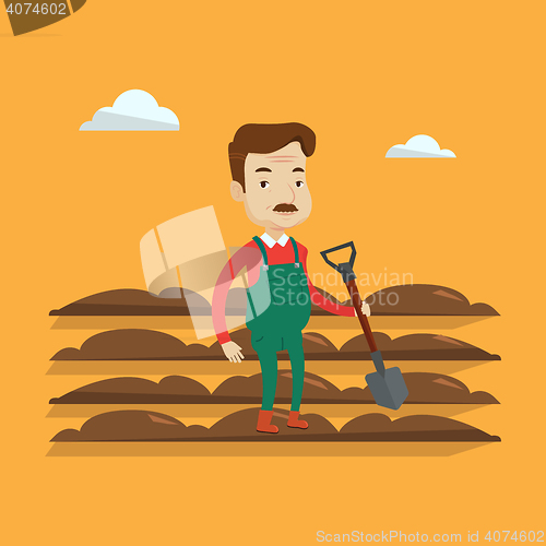 Image of Farmer with shovel at field vector illustration.