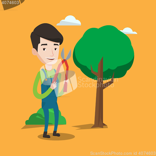 Image of Farmer with pruner in garden vector illustration.