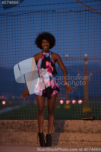 Image of portrait of a young African-American woman in a summer dress