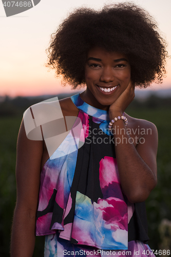 Image of portrait of a young African-American woman in a summer dress