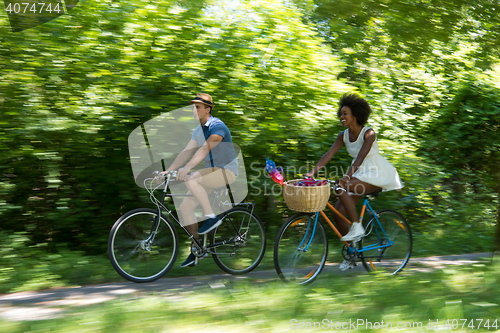 Image of Young multiethnic couple having a bike ride in nature