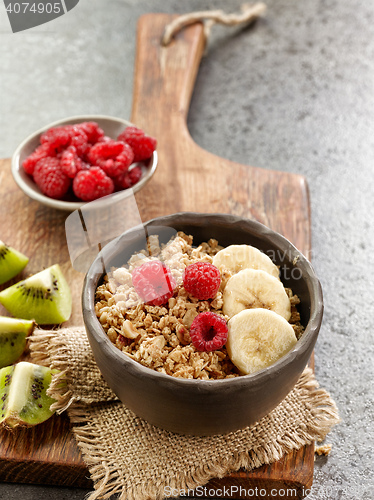 Image of bowl of granola with banana and raspberries