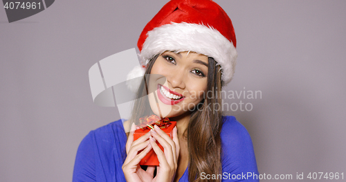 Image of Gorgeous woman in Santa hat holding gift