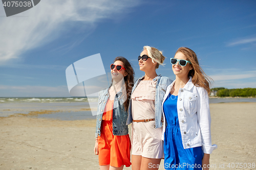 Image of group of smiling women in sunglasses on beach