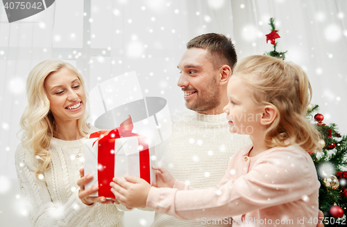 Image of happy family at home with christmas gift box