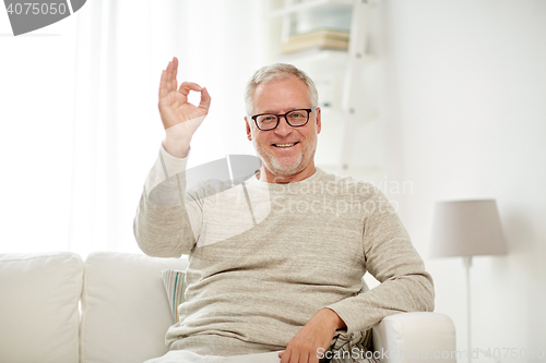 Image of smiling senior man showing ok hand sign at home