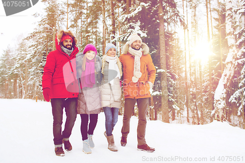 Image of group of smiling men and women in winter forest