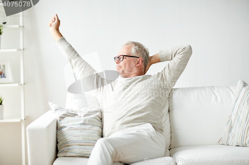 Image of senior man in glasses relaxing on sofa
