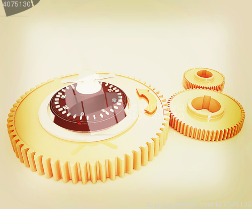 Image of gears with lock. 3D illustration. Vintage style.