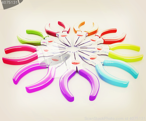 Image of colorful pliers to work. 3D illustration. Vintage style.