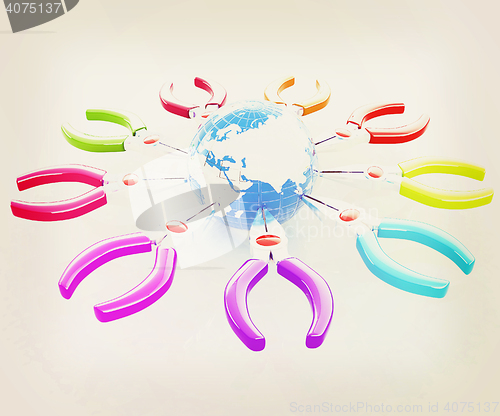 Image of Colorful pliers to work and earth. Global tools concept. 3D illu