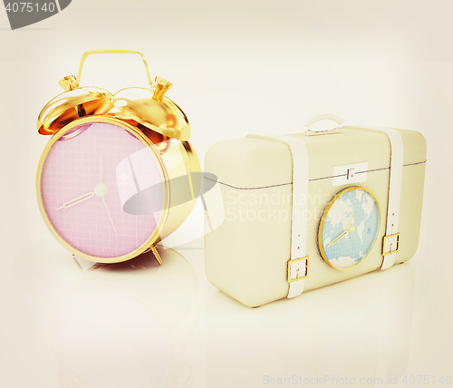 Image of Suitcases for travel and clock. 3D illustration. Vintage style.