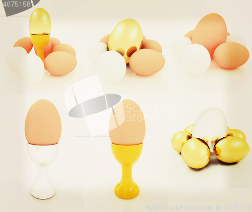 Image of Eggs, gold easter egg and egg cups. Easter set. 3D illustration.