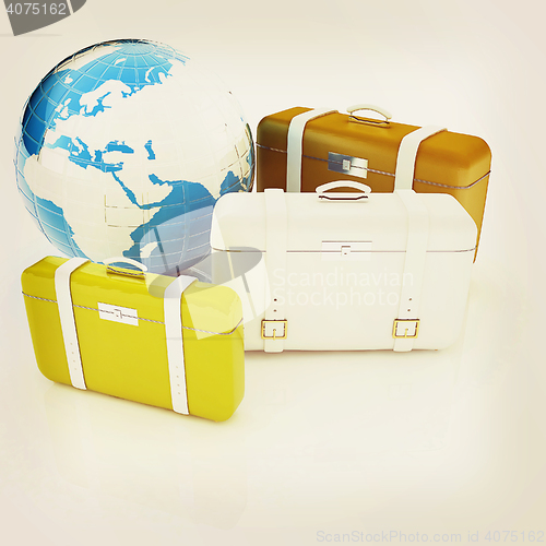 Image of travel bags and earth on white . 3D illustration. Vintage style.