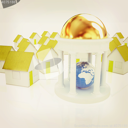 Image of Earth in rotunda and houses . 3D illustration. Vintage style.