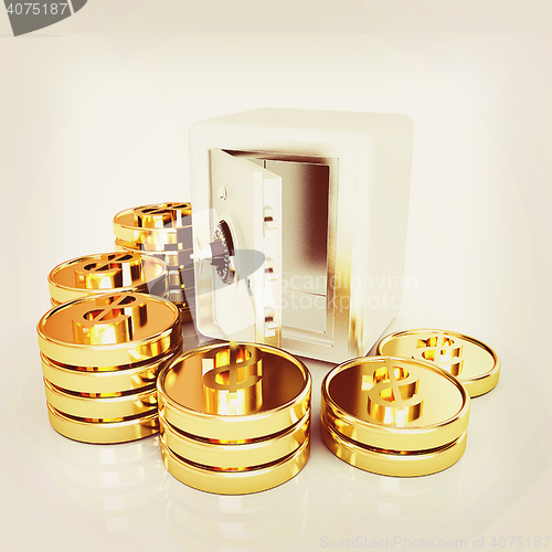 Image of open a bank vault with a bunch of gold coins. isolated on white.