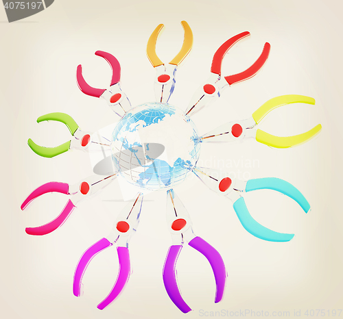 Image of Colorful pliers to work and earth. Global tools concept. 3D illu