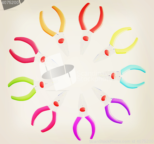 Image of colorful pliers to work. 3D illustration. Vintage style.