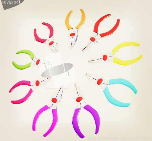 Image of colorful pliers to work. 3D illustration. Vintage style.