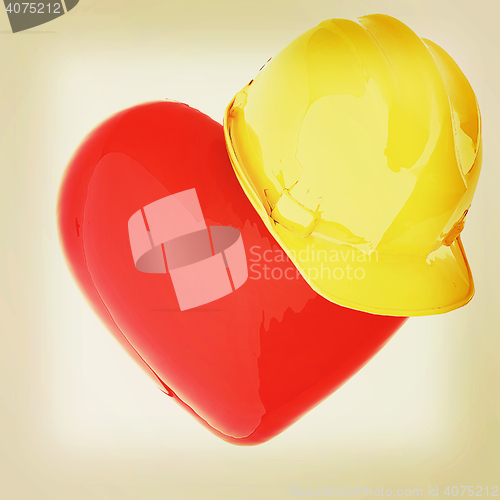 Image of hard hat on heart. 3D illustration. Vintage style.