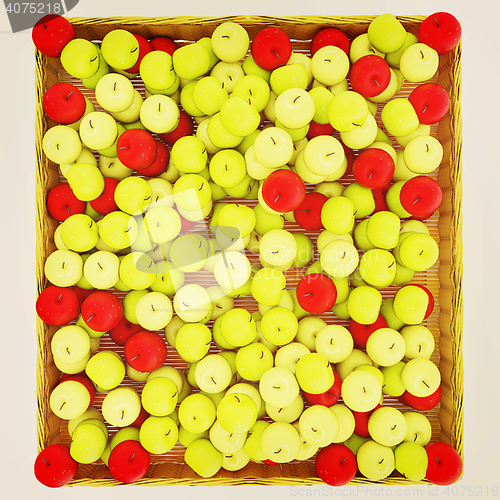 Image of Wicker basket full of apples isolated on white. 3D illustration.