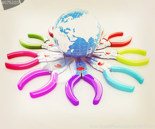 Image of Colorful pliers to work and earth. Global tools concept. 3D illu