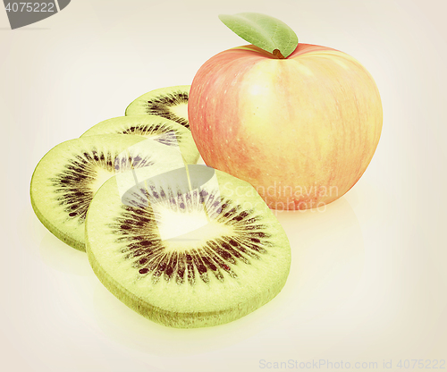 Image of slices of kiwi and apple. 3D illustration. Vintage style.