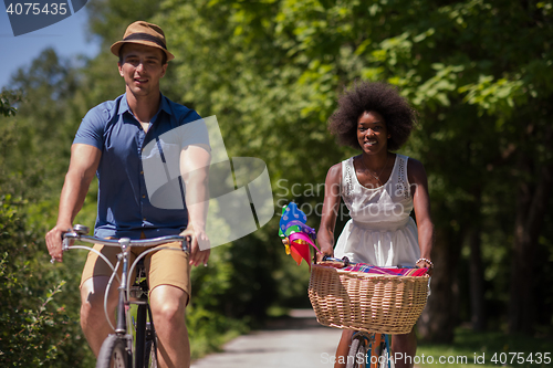 Image of Young multiethnic couple having a bike ride in nature