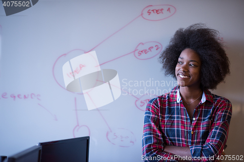 Image of African American woman writing on a chalkboard in a modern offic