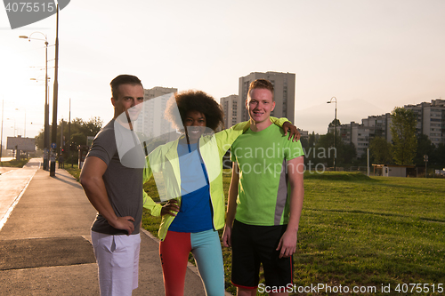 Image of portrait multiethnic group of people on the jogging