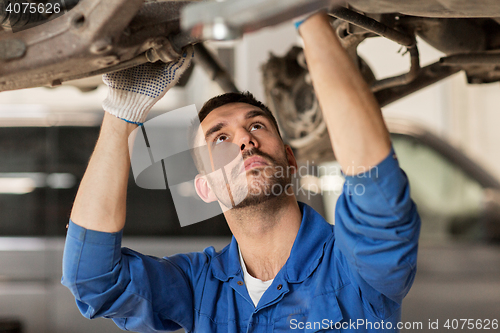 Image of mechanic man or smith repairing car at workshop