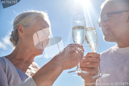 Image of happy senior couple drinking champagne outdoors