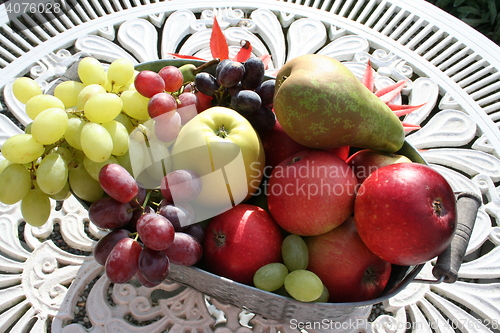 Image of Apples,pears and grapes in basket outdoors