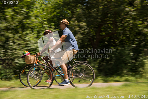 Image of Young multiethnic couple having a bike ride in nature