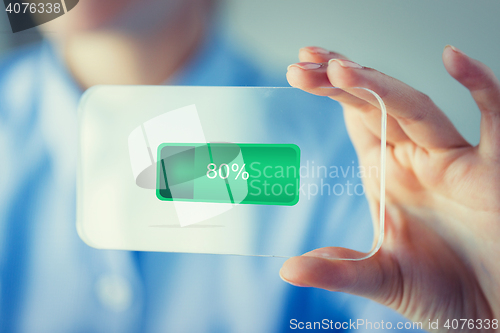 Image of close up of woman with transparent smartphone