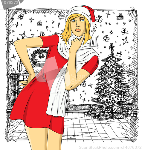 Image of Vector Woman Waiting For Christmas