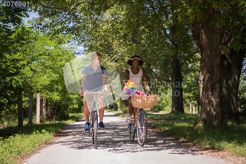 Image of Young multiethnic couple having a bike ride in nature