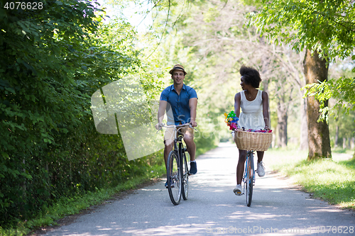 Image of Young multiethnic couple having a bike ride in nature