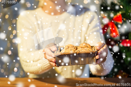 Image of close up of woman with oat cookies at home