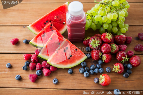 Image of bottle with fruit and berry juice or smoothie