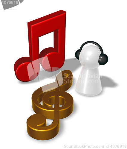 Image of music note, clef and pawn with headphones - 3d rendering